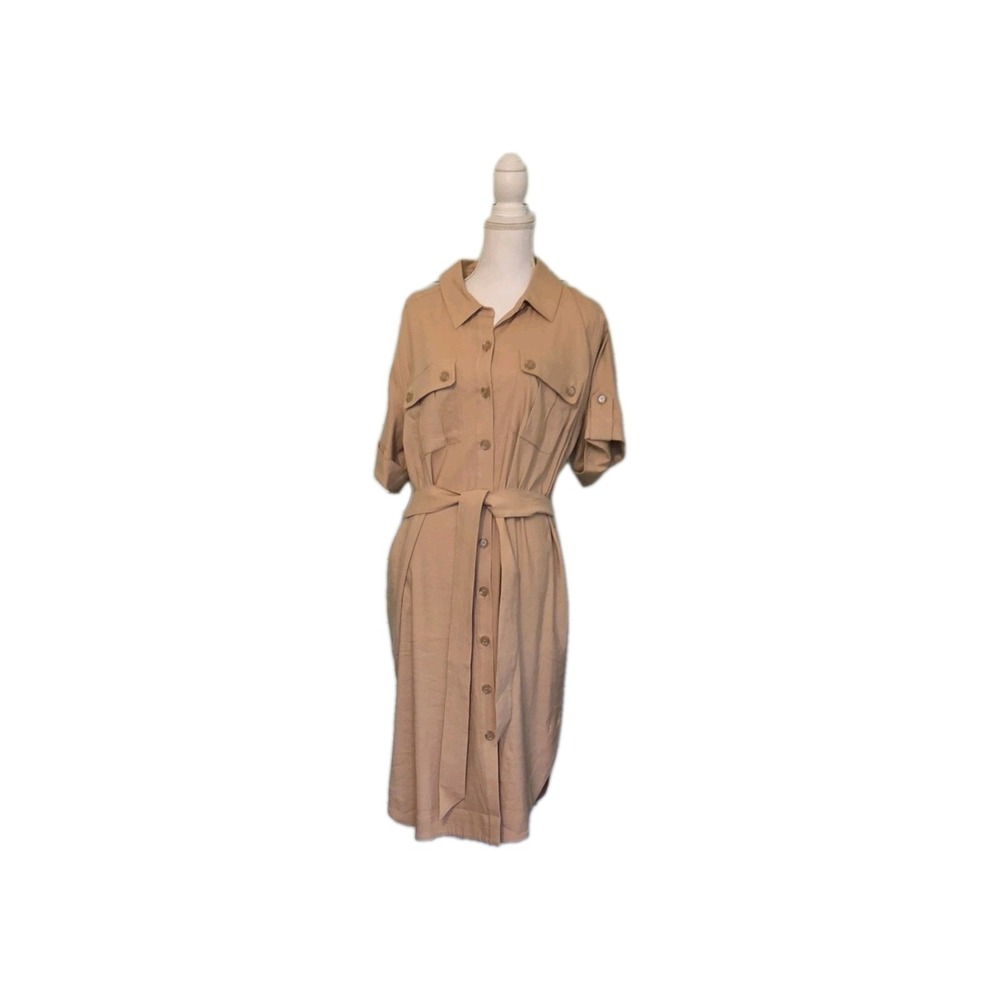 Khaki Belted Linen Dress NEW Button Down Sz 1X Beach Cruise‎ Soft Surroundings